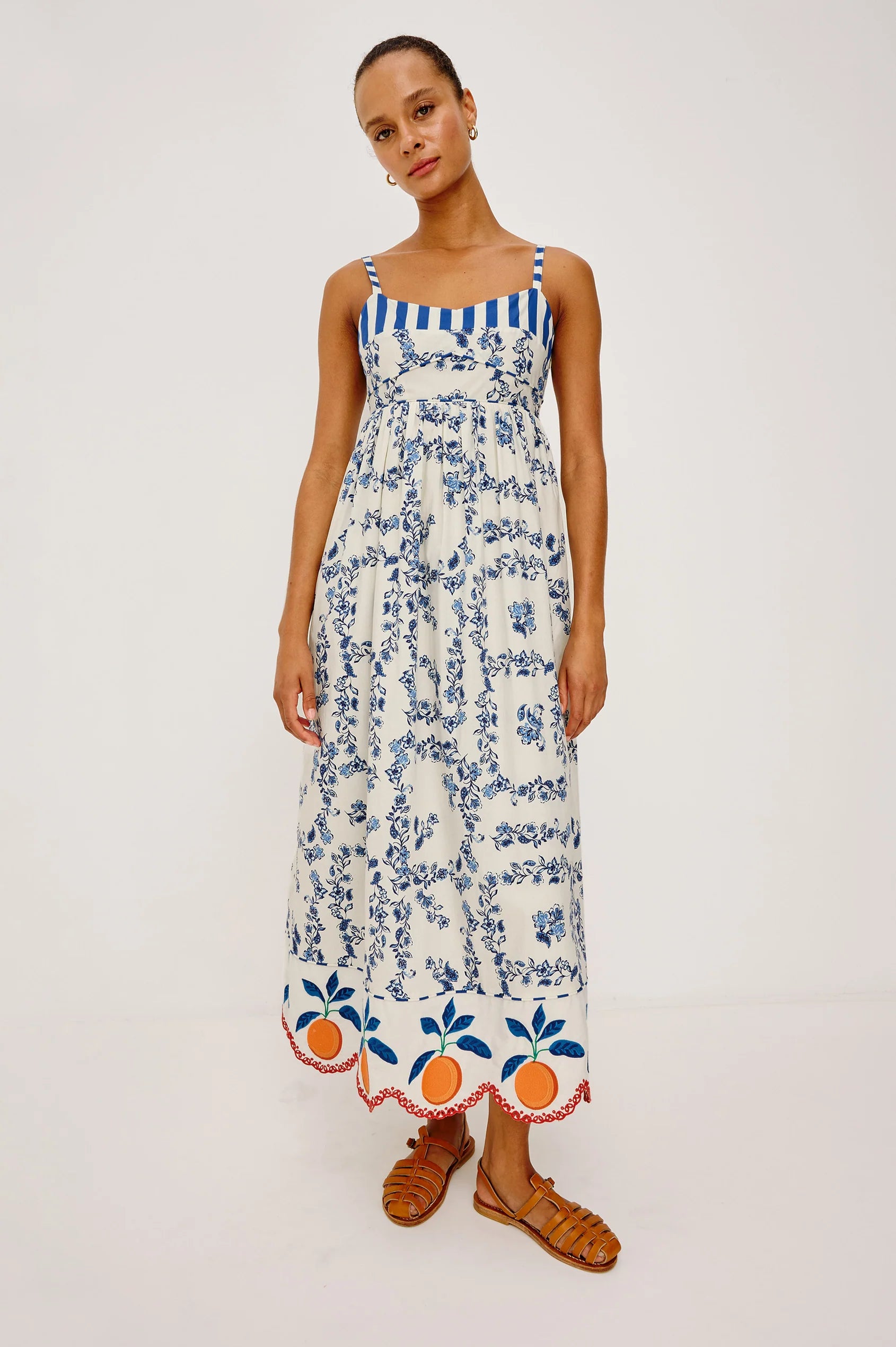 blue floral maxi dress with oranges on bottom