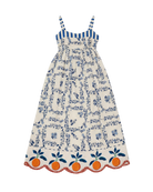 blue floral maxi dress with oranges on bottom