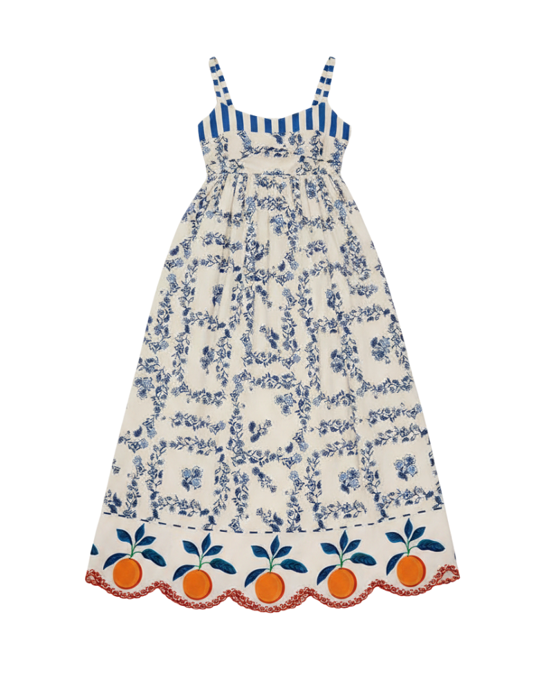 blue floral maxi dress with oranges on bottom