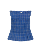 strapless ruched top in blue checked 