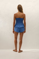 strapless ruched top in blue checked 