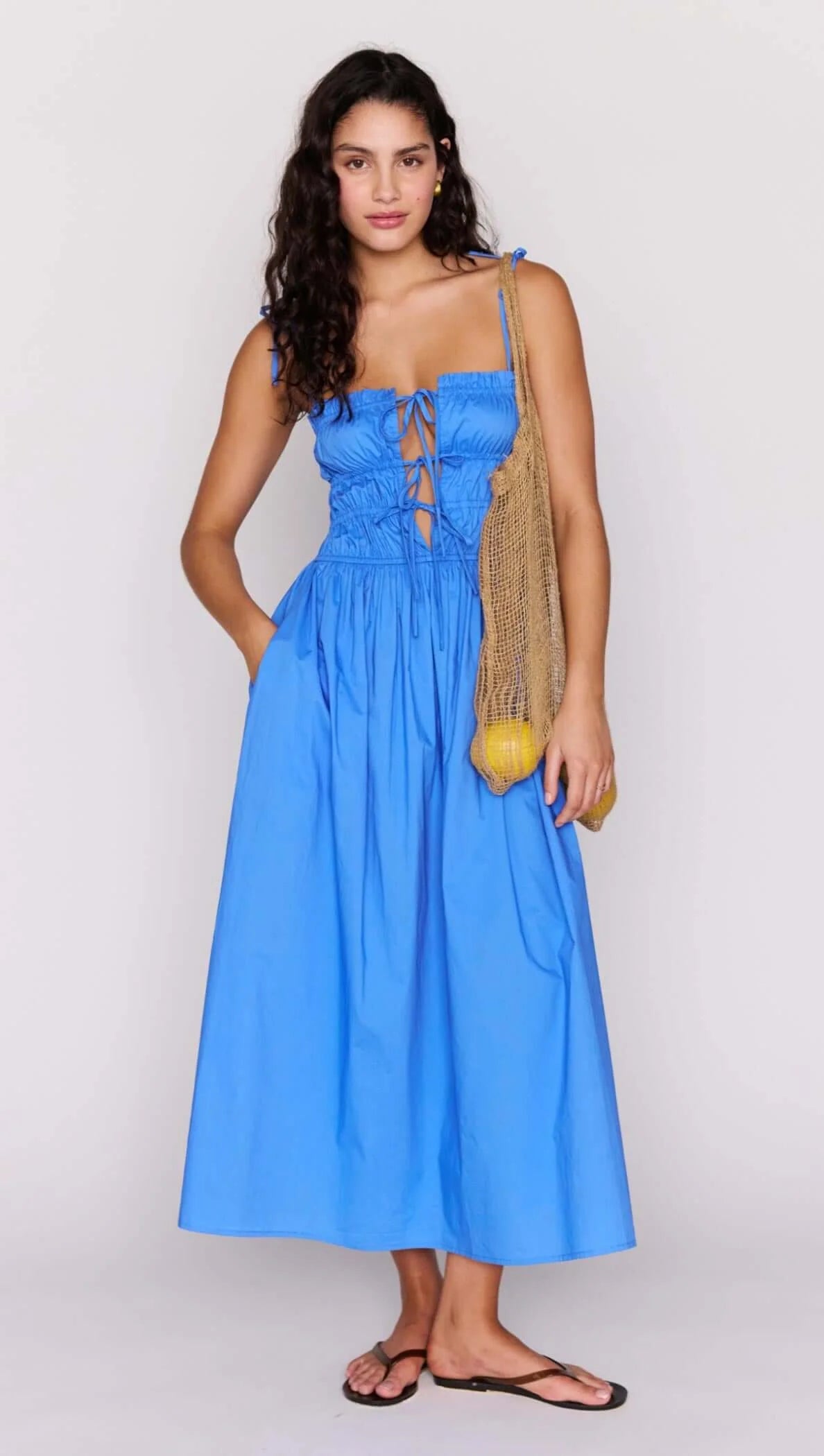 midi blue dress with three ties in the front