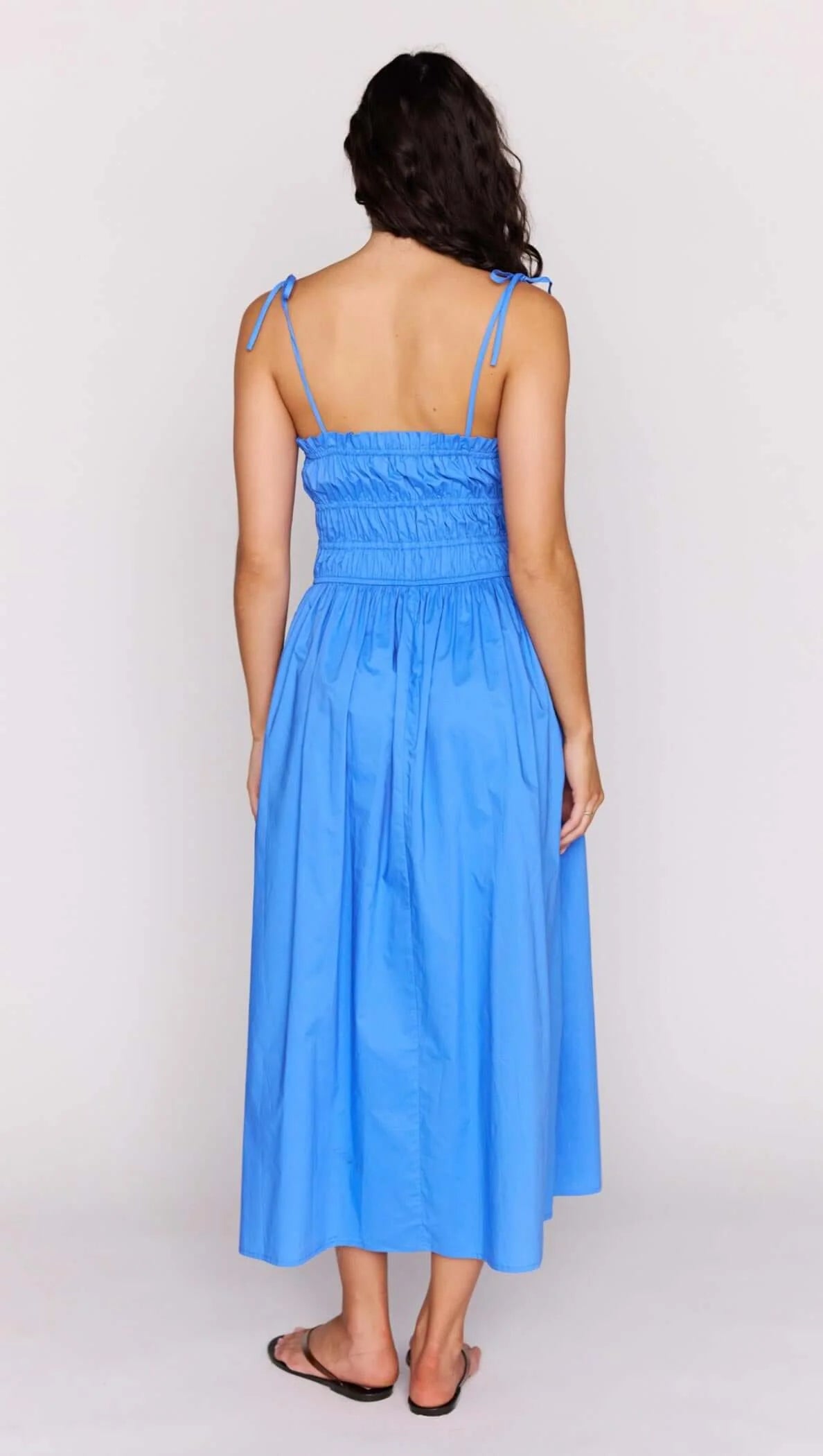 midi blue dress with three ties in the front