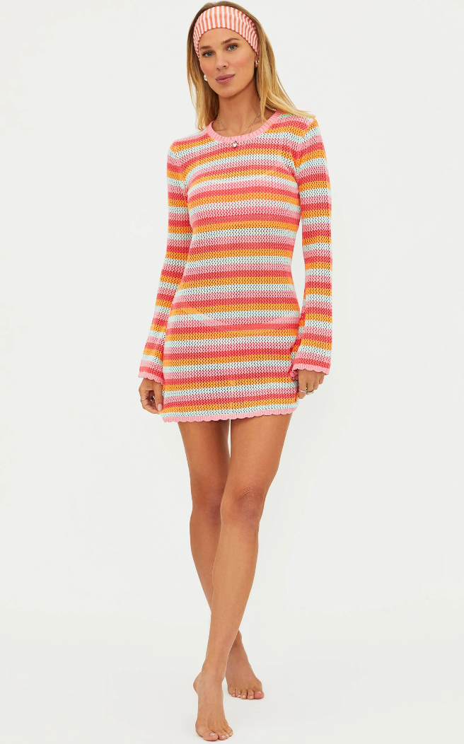 mini crochet cover up dress in a pink, orange and white stripe