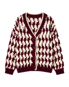 chunky knit cardigan in Burgundy and white houndstooth