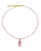 light pink beaded necklace with a pink fish pendant 