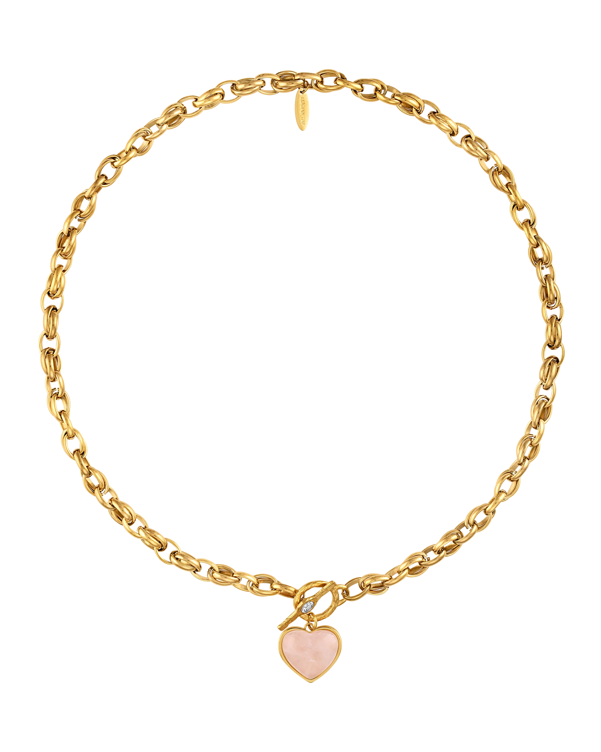 gold chain necklace with light pink heart pendant 