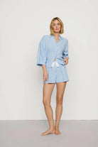blue gingham pj shorts with white tie