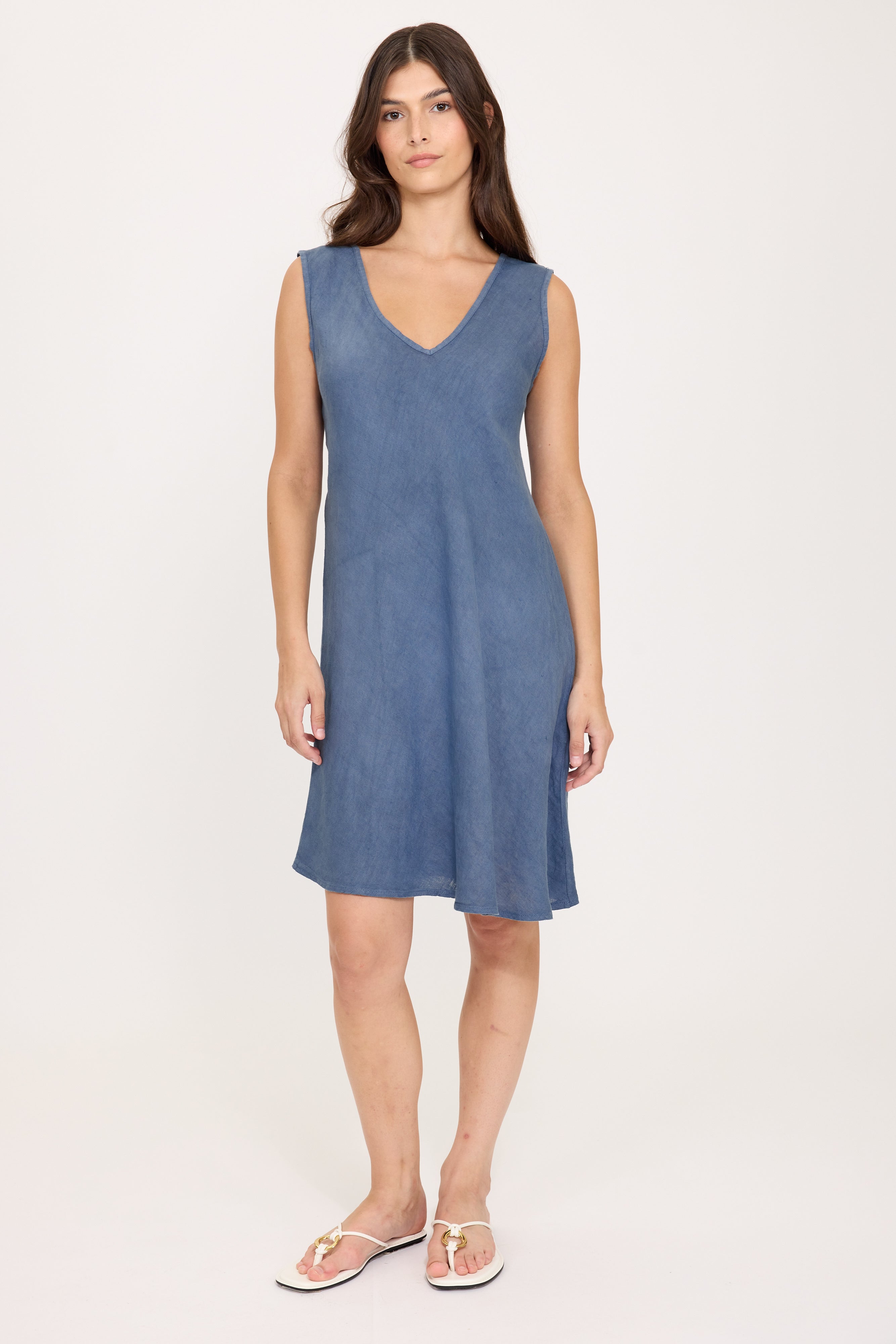 linen blue dress cut on a bias