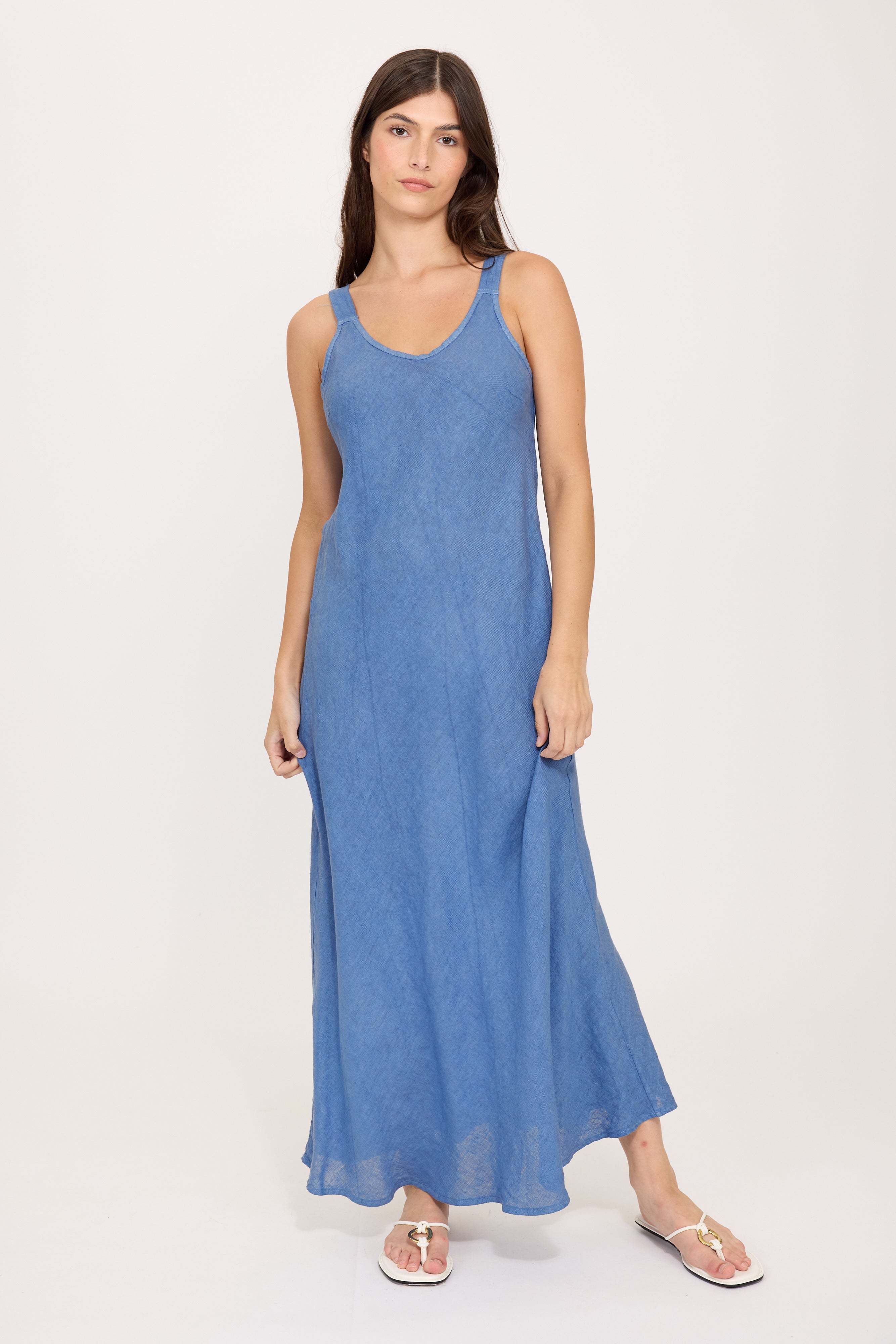 midi linen dress in blue