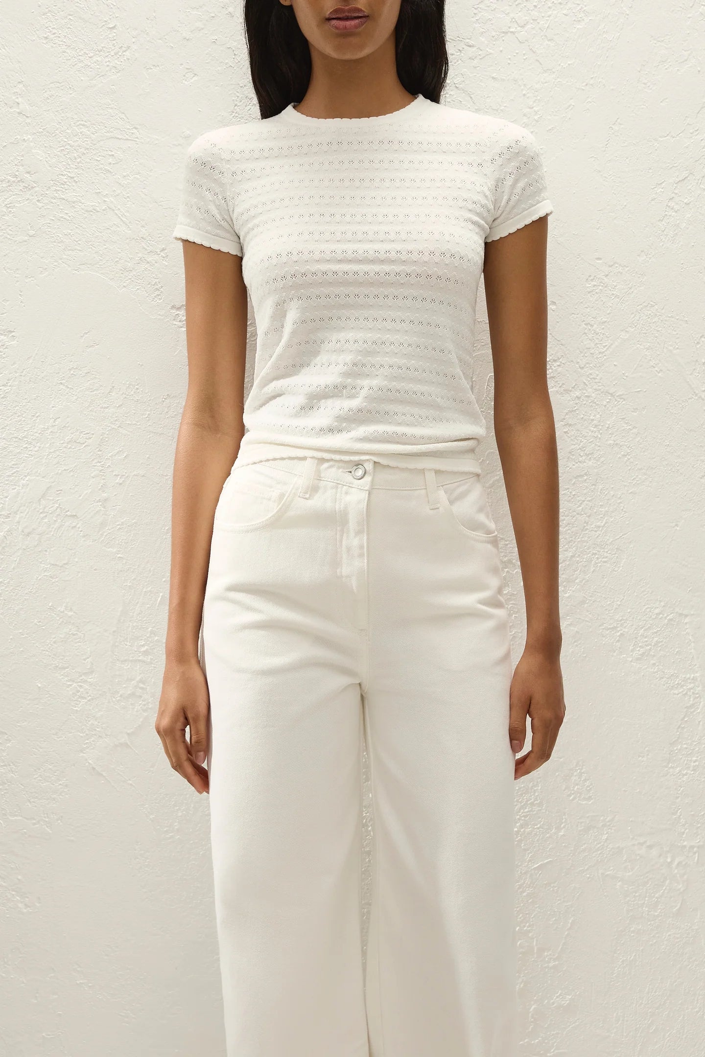 white short sleeve top with a pointelle print