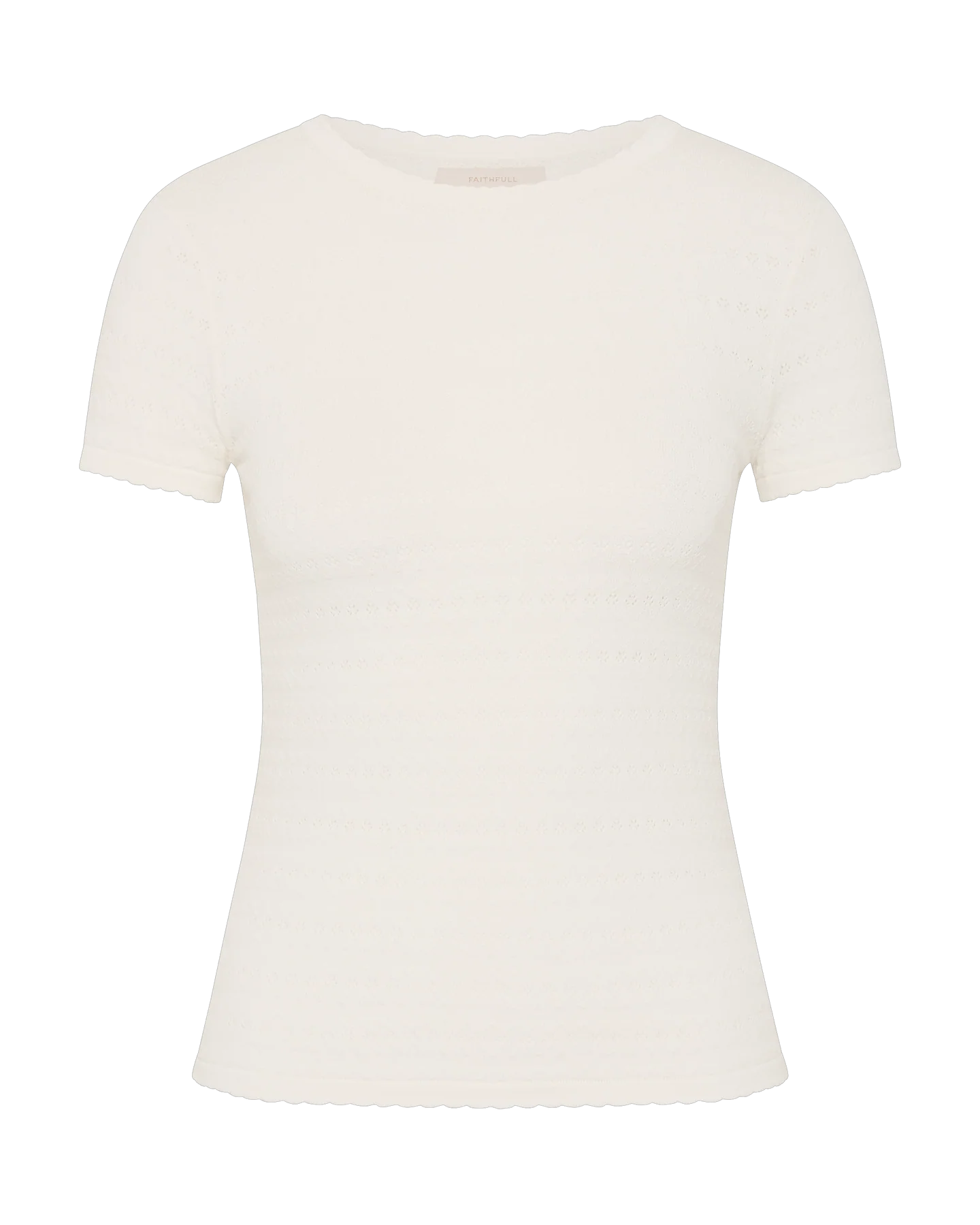 white short sleeve top with a pointelle print