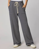 wide leg lounge pant in navy and cream stripe