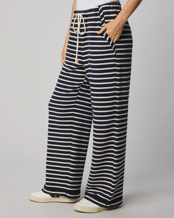 wide leg lounge pant in navy and cream stripe