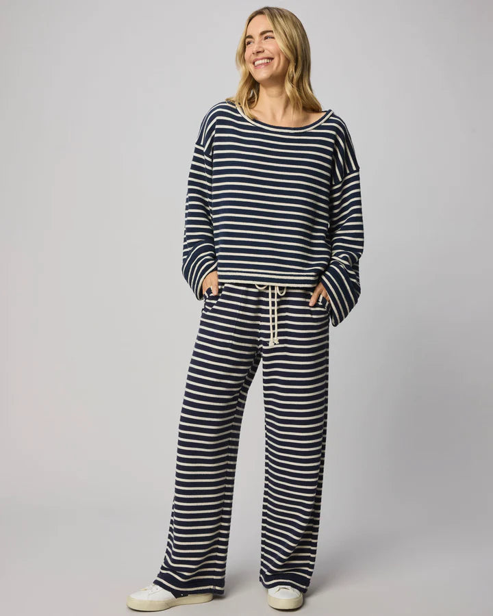 wide leg lounge pant in navy and cream stripe