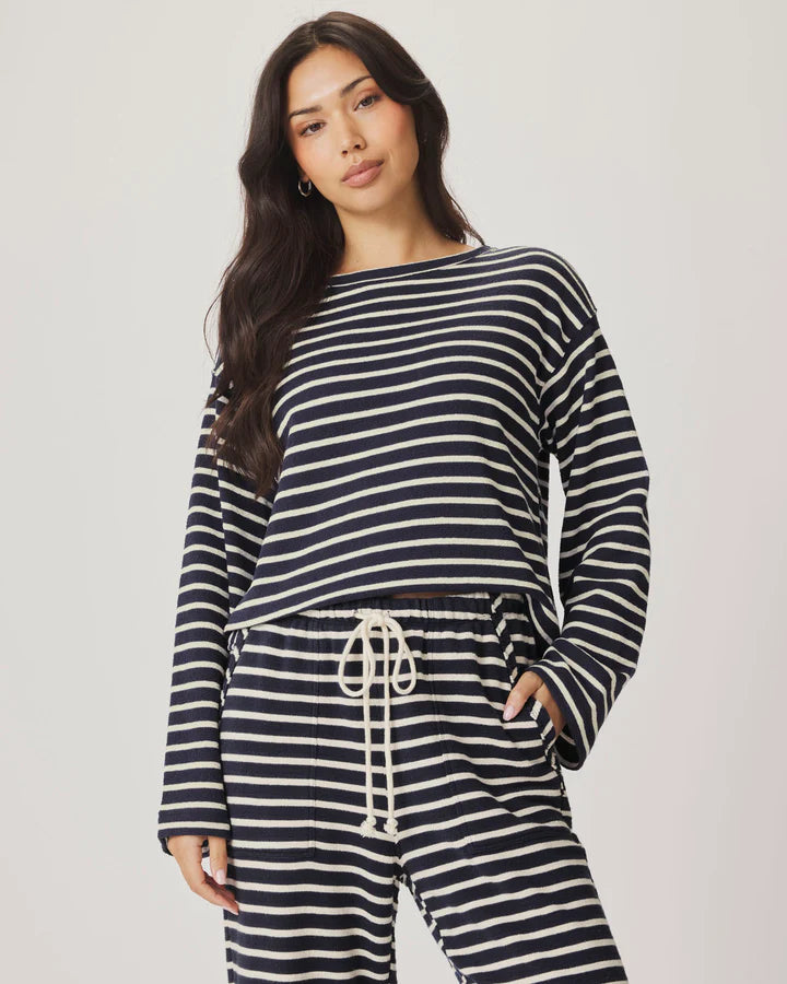long sleeve shirt with navy and white stripes