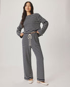 long sleeve shirt with navy and white stripes
