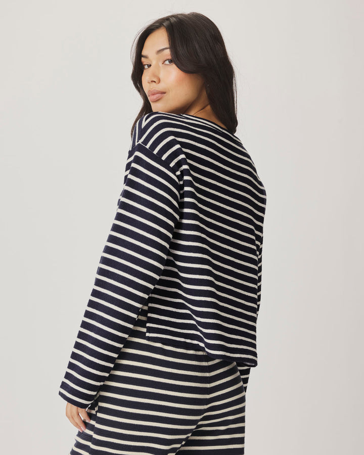 long sleeve shirt with navy and white stripes