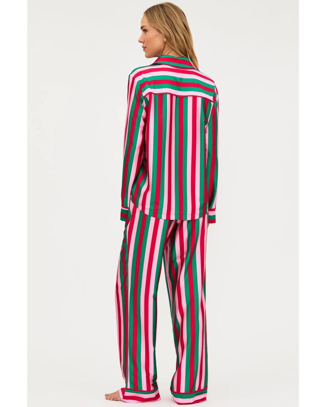 striped pjs set in pink, red and green