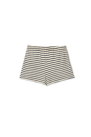 cream shorts with a navy stripe
