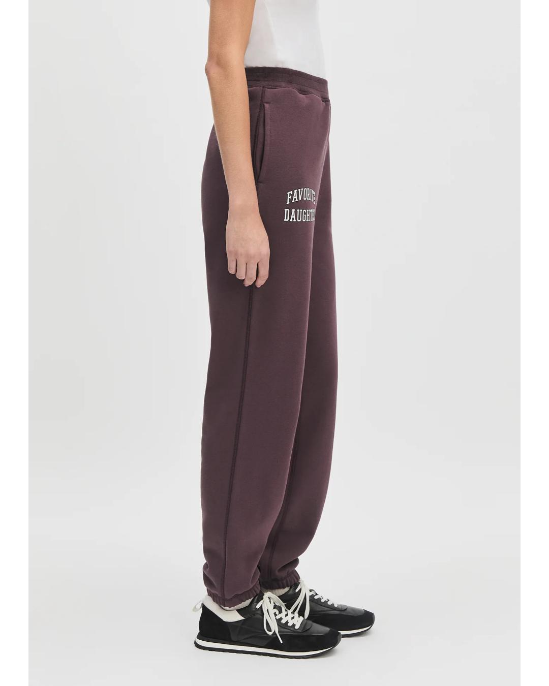 burgundy sweatpants with the text favorite daughter on the side of the leg
