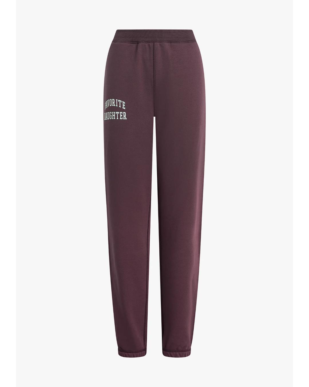 burgundy sweatpants with the text favorite daughter on the side of the leg