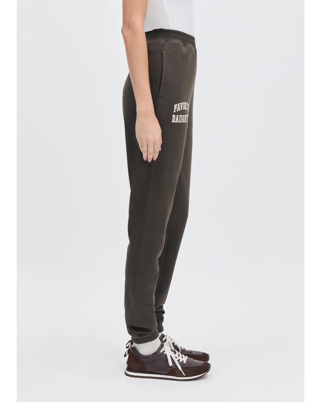 sweatpants in a brown with the text favorite daughter on the leg