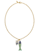 long gold chain necklace with a fish pendant