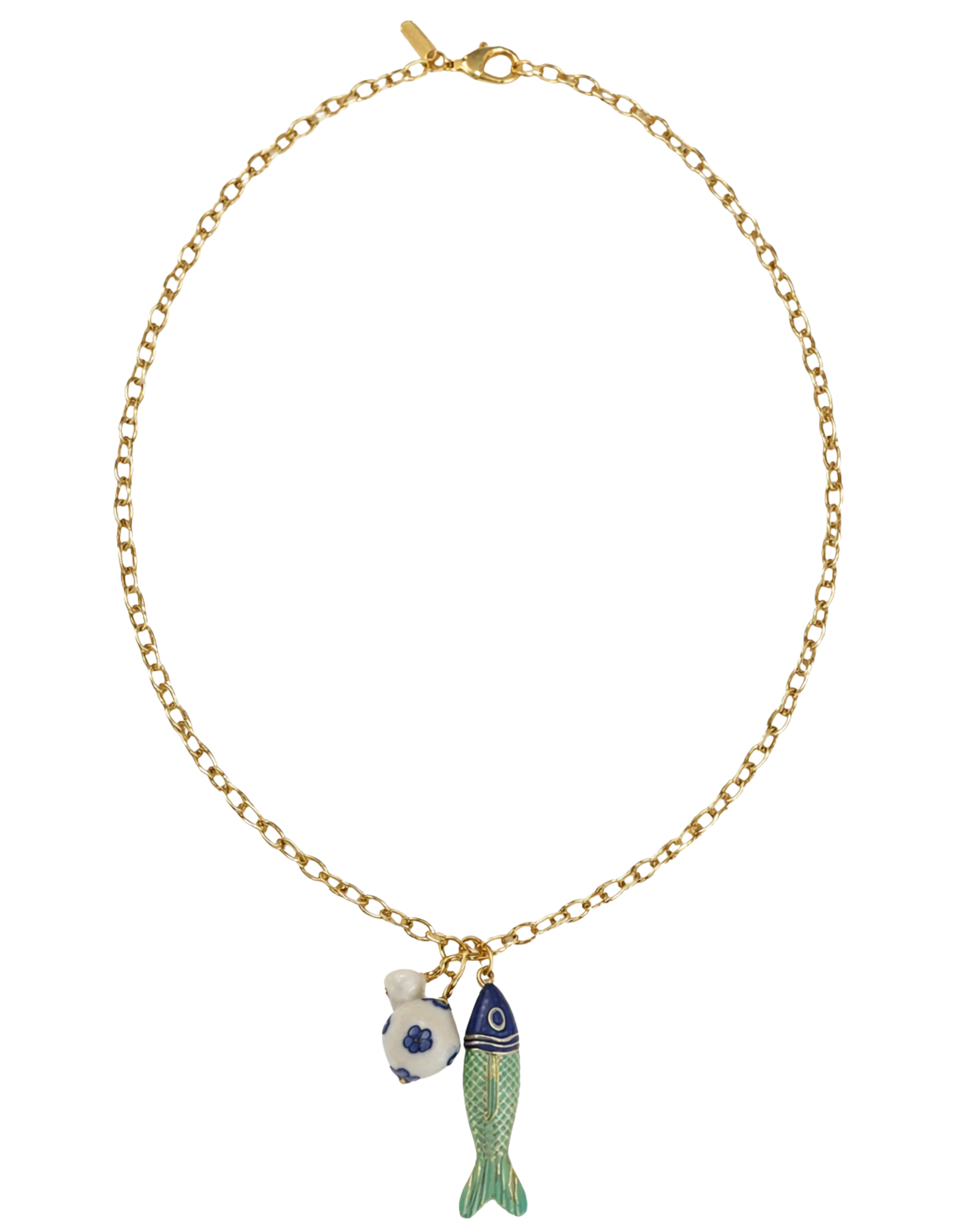 long gold chain necklace with a fish pendant