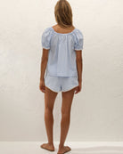 blue and white checkered blouse top