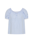 blue and white checkered blouse top