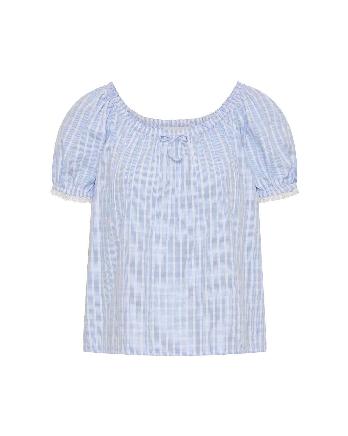 blue and white checkered blouse top