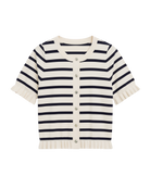 short sleeve sweater with white and navy stripes and a ruffle on the bottom of skirt and sleeves
