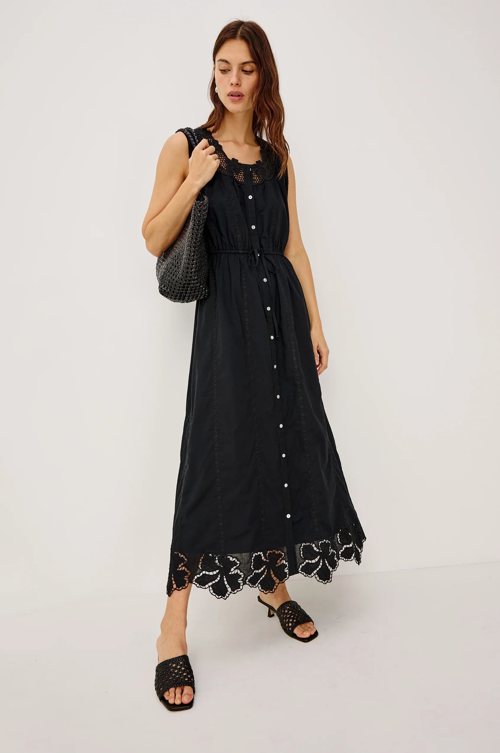 button brown sleeveless black midi dress
