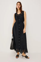 button brown sleeveless black midi dress