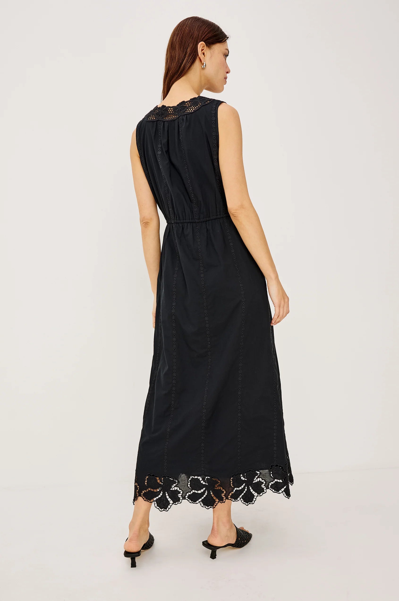 button brown sleeveless black midi dress
