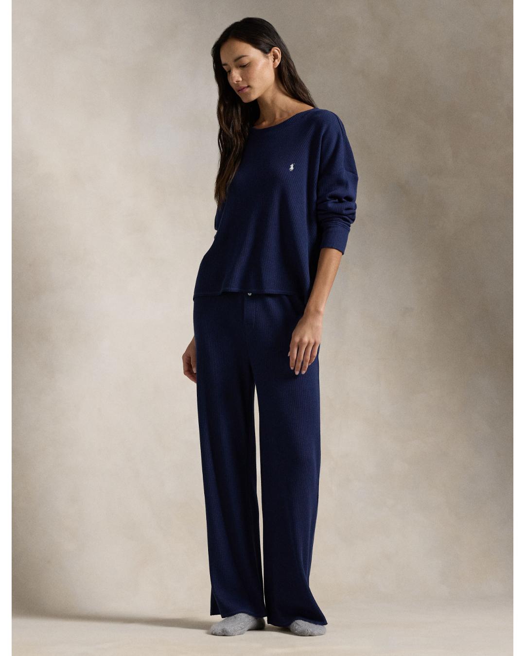 lounge set long sleeve and wide leg pant in navy