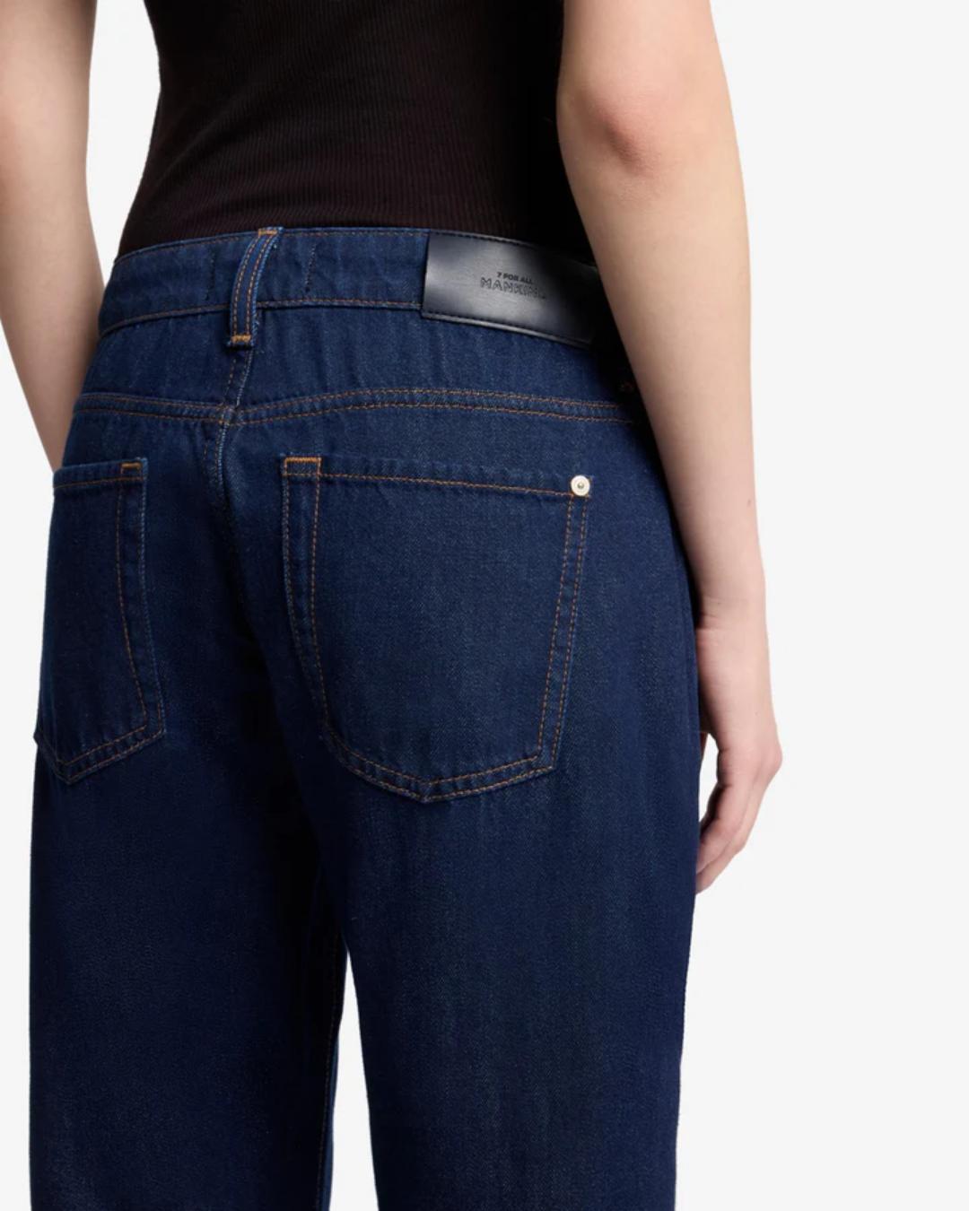 dark blue denim jeans with a straight leg
