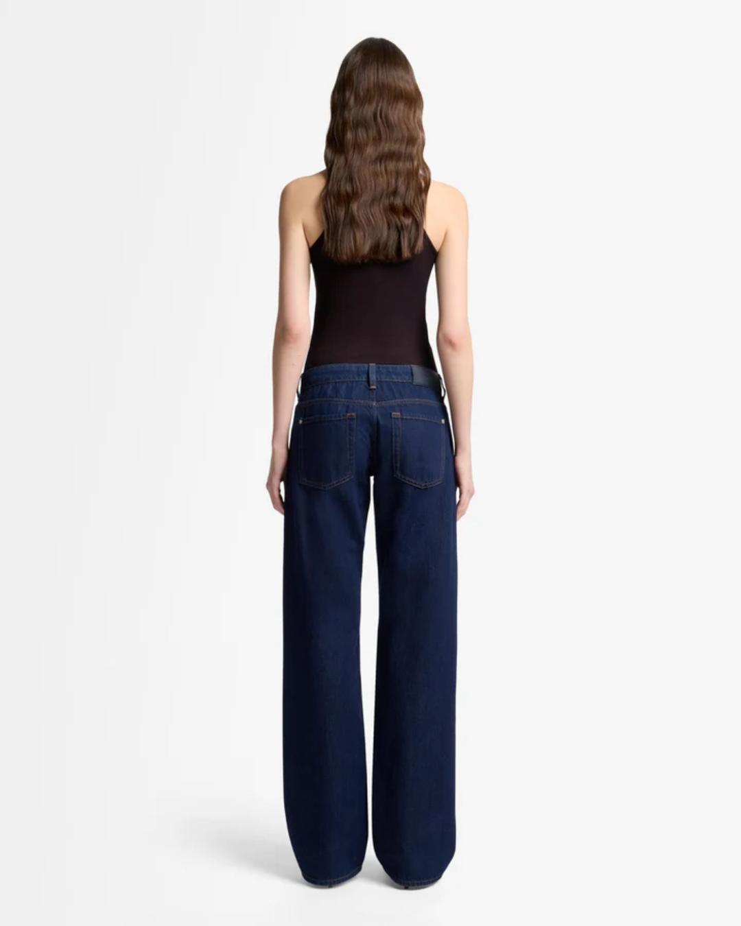 dark blue denim jeans with a straight leg