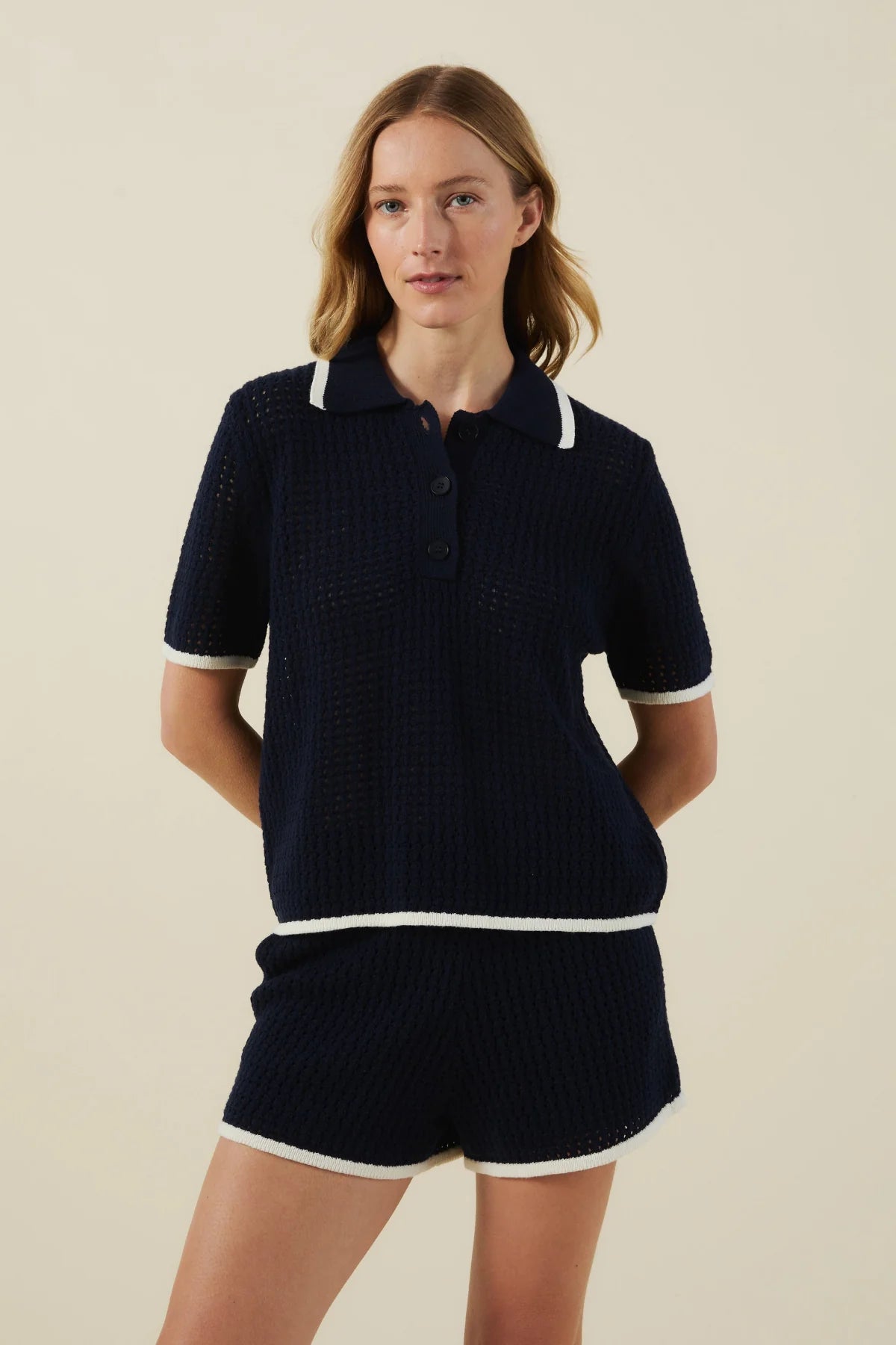 knit sweater polo short sleeve in navy with cream trim