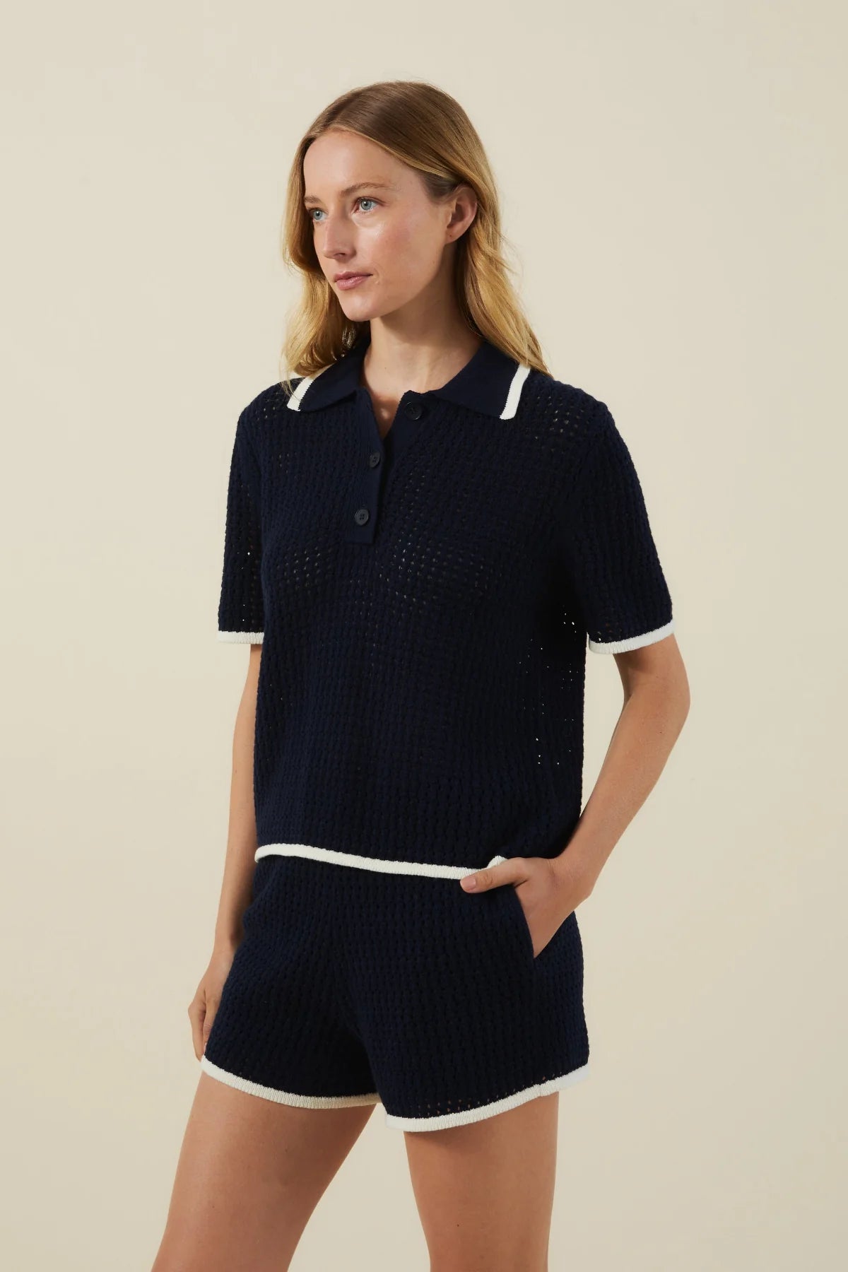 knit sweater polo short sleeve in navy with cream trim