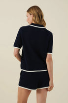 knit sweater polo short sleeve in navy with cream trim