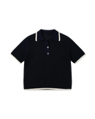 knit sweater polo short sleeve in navy with cream trim