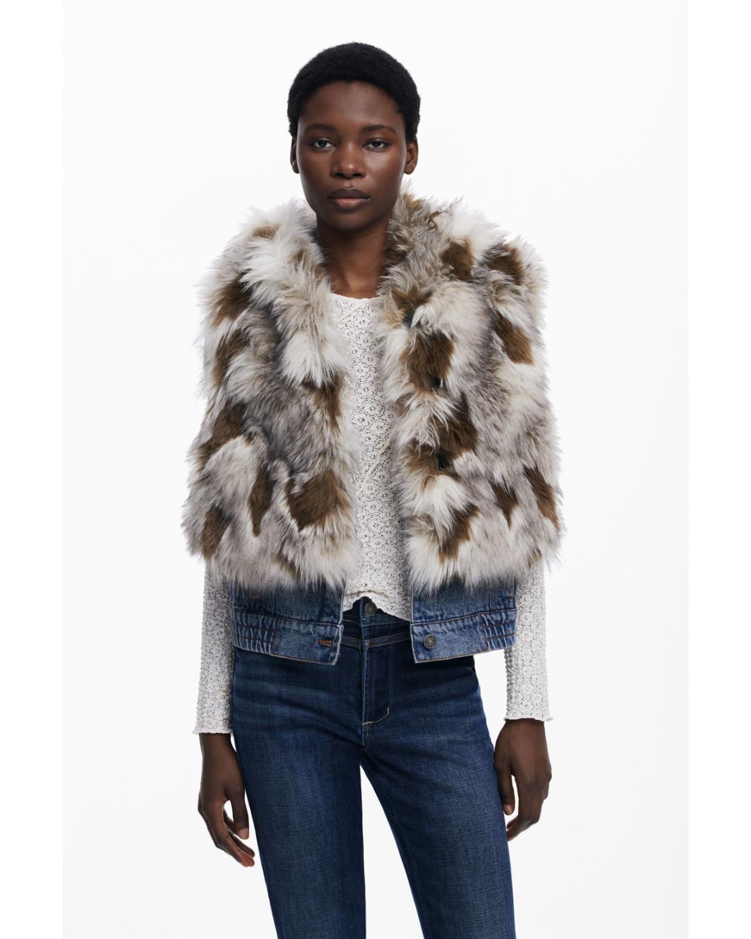 fur vest with denim on the bottom