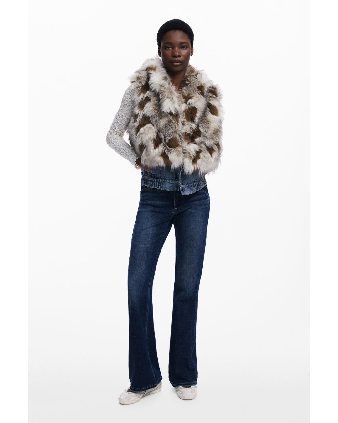 fur vest with denim on the bottom