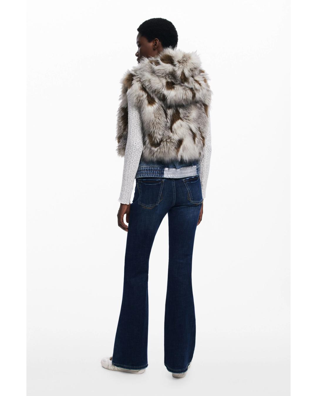 fur vest with denim on the bottom