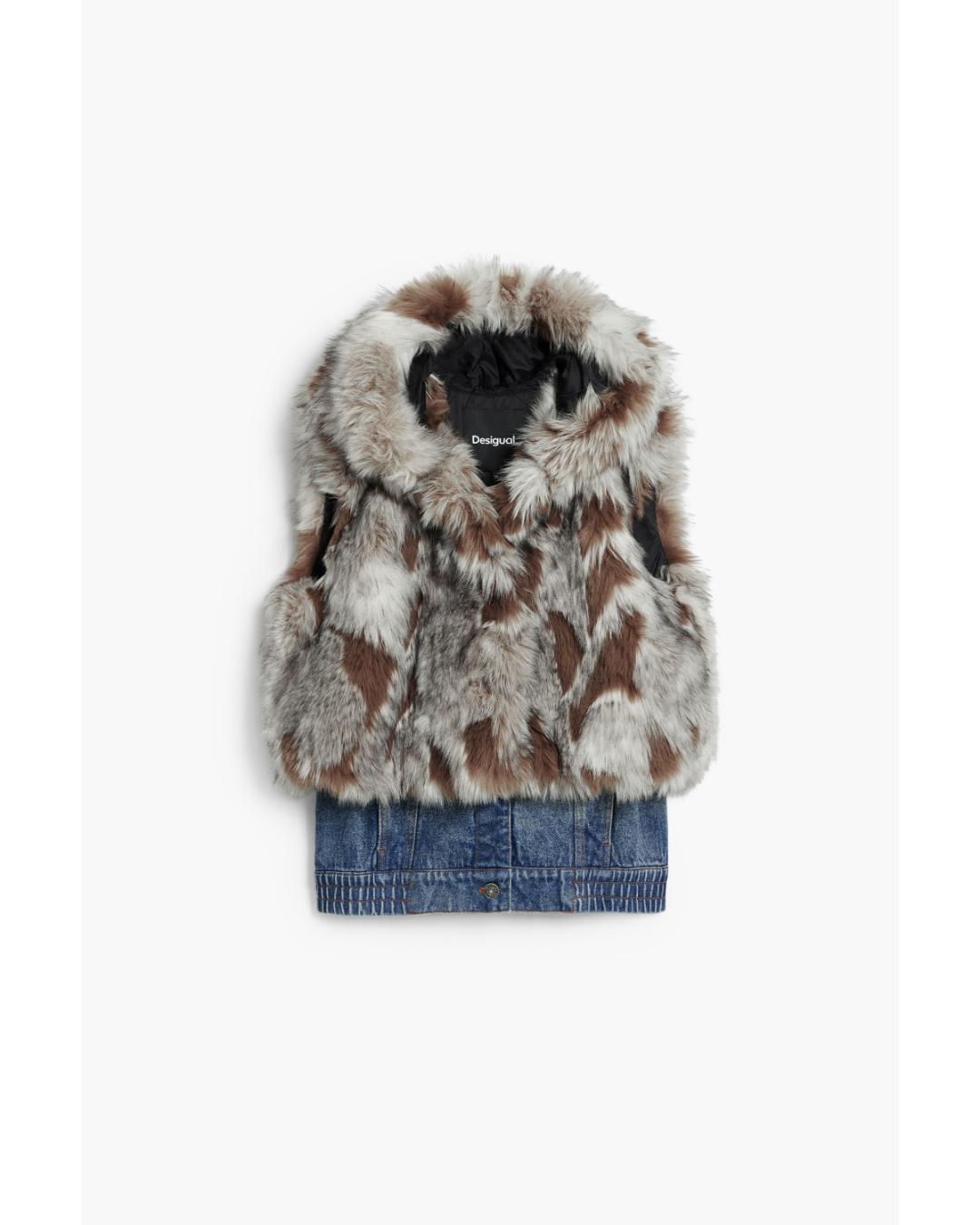 fur vest with denim on the bottom