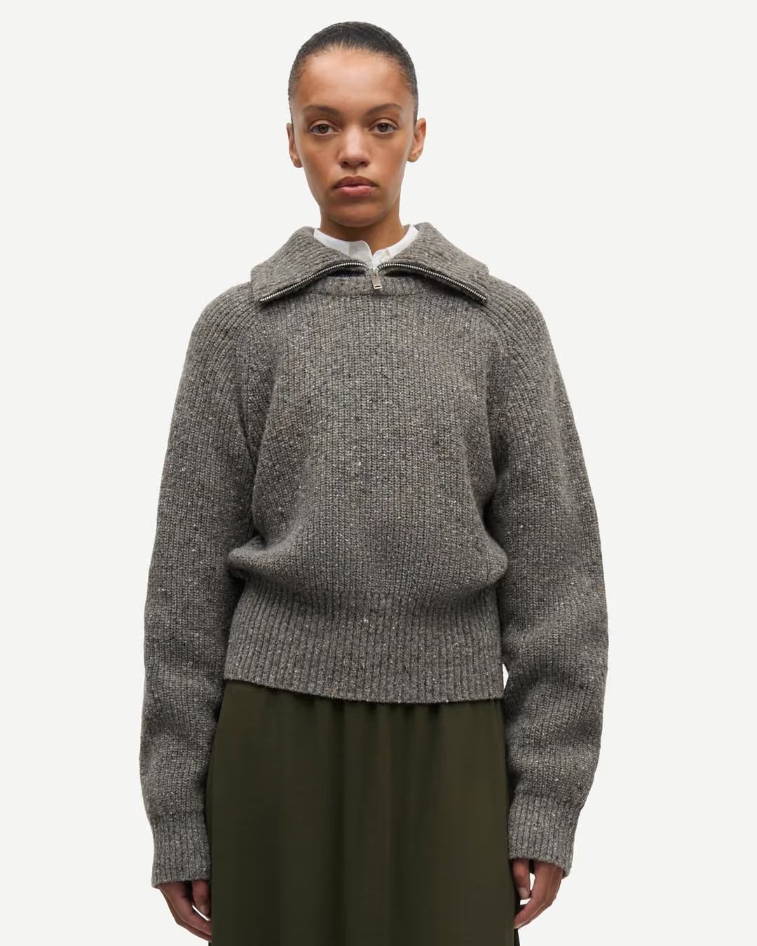 grey knit zip turtleneck sweater