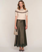 midi satin brown skirt with lace trim