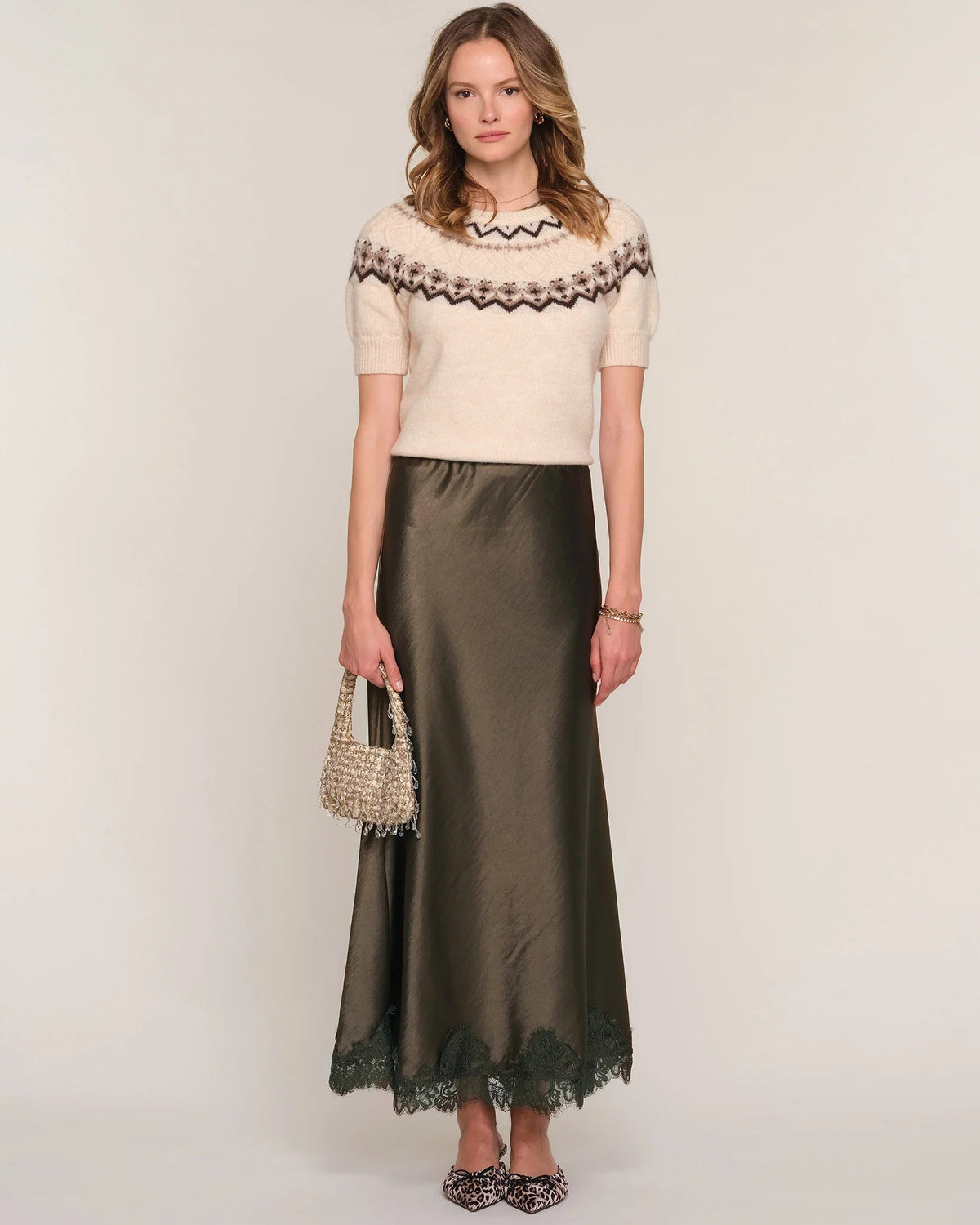 midi satin brown skirt with lace trim